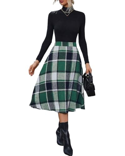 Pemieer High-Waist Wool A-Line Tartan Midi Skirts