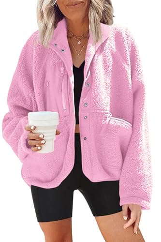Nirovien Women's Fuzzy Fleece Button Down Sherpa Coat Winter Warm Coat — Pink