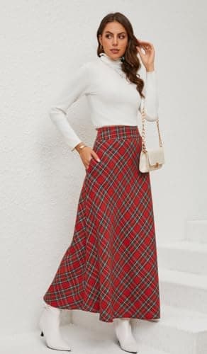 XQR Women's Vintage Plaid Maxi Skirt High Waist with Pockets