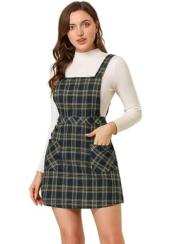Women's Christmas Plaid Tartan Pinafore Dress — Navy Blue