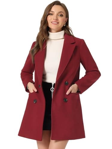 Allegra K Women's Belted Mid-Length Double Breasted Winter Coat — Dark Red