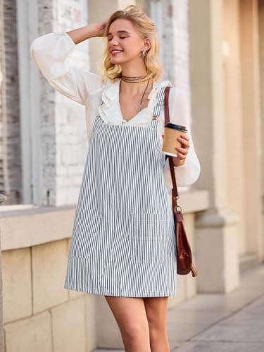 Yousify Women's Casual Striped Denim Overalls Sleeveless Dress with Pockets