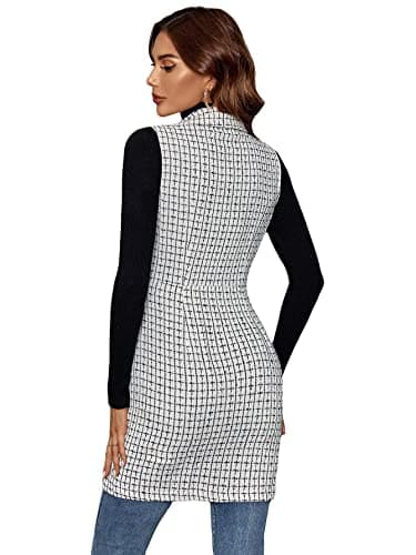 GORGLITTER Women's Plaid Sleeveless Long Vest Cardigan Blazer