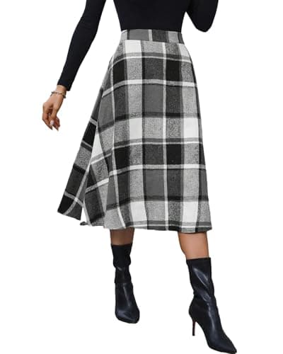 Pemieer High-Waist Wool A-Line Tartan Midi Skirts — 0-grey