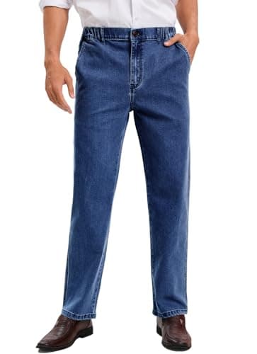 Men's Relaxed Fit Elastic Waist Jeans with Zipper and Button — Medium Washed