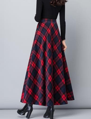 SUNYUESTAR Warm Elastic Plaid A-Line Long Skirt for Women