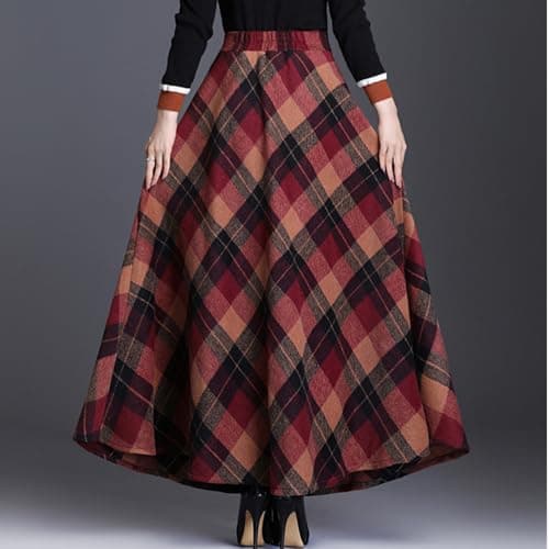 BININBOX Women's Vintage Plaid Maxi Wool Skirt Elastic Waist