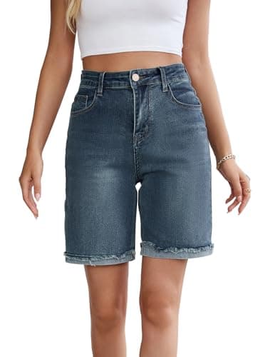 TOSATISFINE Women's High-Waisted Stretch Jean Shorts — Dark Blue-rolled Hem