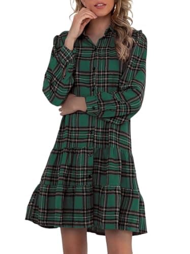 IDEALSANXUN Women's Plaid Long Sleeve Button Down Dress