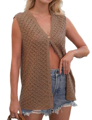 IDEALSANXUN Women's V-Neck Knit Sleeveless Cardigan Vest Casual Cute — Coffee