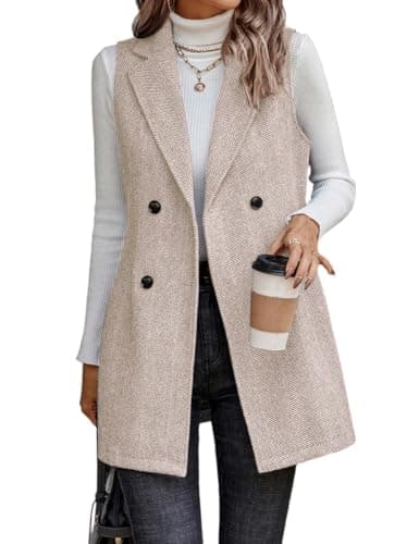 IDEALSANXUN Women's Sleeveless Tweed Long Vest Fall Jacket Cardigan Outerwear — Beige