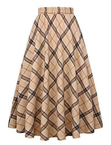 Women's Plaid A-line Midi Pleated Skirt — Khaki D39