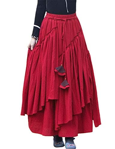 Womens Elastic Waist Retro Maxi Pleated Long Skirt — Red
