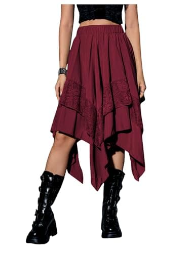 Verdusa Women's Y2K Contrast Lace Layered Midi Skirt — Burgundy