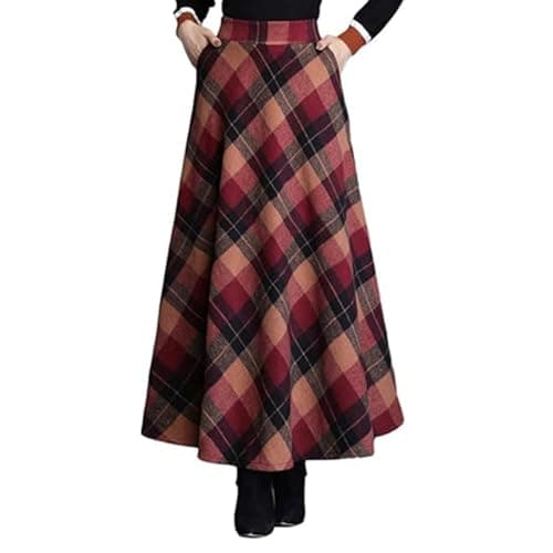 BININBOX Women's Vintage Plaid Maxi Wool Skirt Elastic Waist