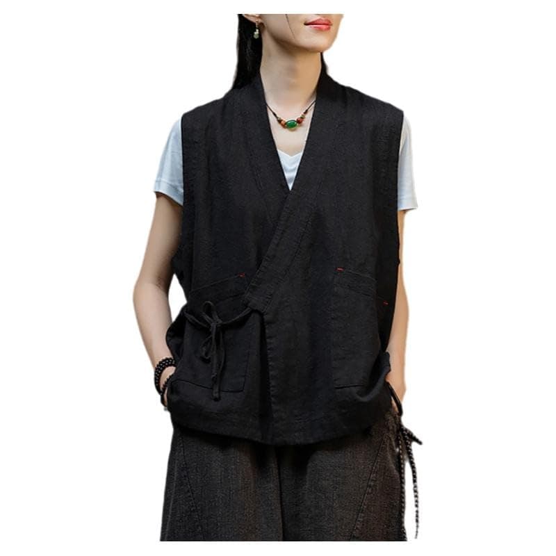 LUZU JUNU Women's Lightweight Cotton Linen Sleeveless Blazer Vest — Black
