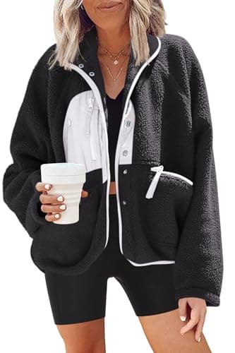 Nirovien Women's Fuzzy Fleece Button Down Sherpa Coat Winter Warm Coat — Black White