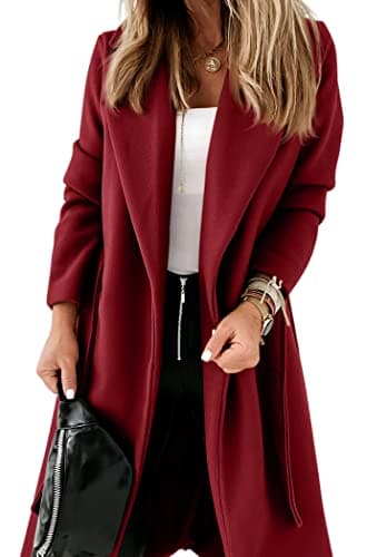 Ladiyo Women's Classic Open Front Belted Long Coat — Wine Red