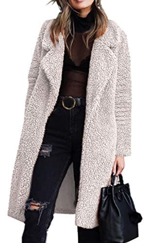 Angashion Women's Fuzzy Fleece Lapel Open Front Long Cardigan Coat — Ligh Beige