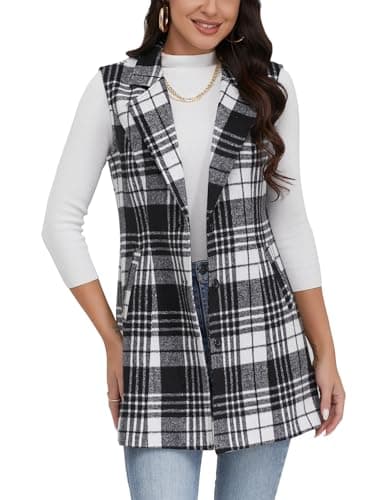 IDEALSANXUN Women's Plaid Sleeveless Blazer Jacket for Fall Winter — Black White