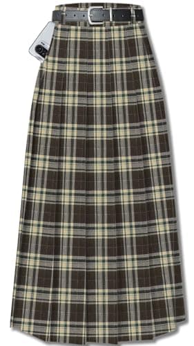 Cromoncent Womens High Waist Pleated Long Skirt with Pockets — Dark Brown Plaid