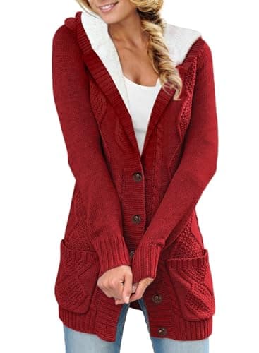 Sidefeel Women's Hooded Fleece Cardigan Winter Coat with Pockets — Hooded Red