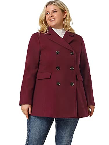 Agnes Orinda Plus Size Notched Lapel Double Breasted Long Coat — Burgundy
