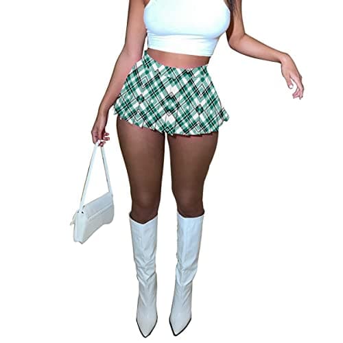 HAOYUAN Women's Mini Pleated Stretchy Skater Skirt — Emerald Plaid