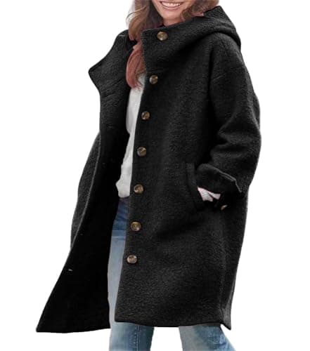 Chouuya Women's Winter Casual Long Wool Coat with Hood — Black