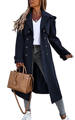 Fisoew Women's Classic Double Breasted Trench Coat with Belt and Pockets — Blue