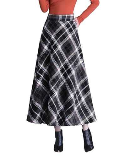 Biilyli Women's Plaid Wool Maxi Skirt with High Waist Elastic Waist — A Black