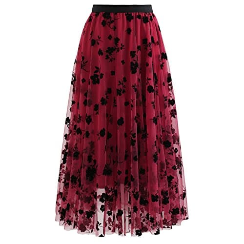 CHICWISH Women's 3D Posy Double-Layered Midi Skirt — Red-3d Posy