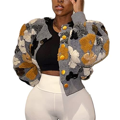 HOULENGS Women's Cropped Floral Fleece Bomber Jacket for Winter Warmth — Grey