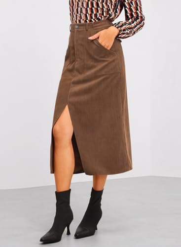 Happy Sailed Women's High Waist Split Corduroy Midi Skirt with Pockets