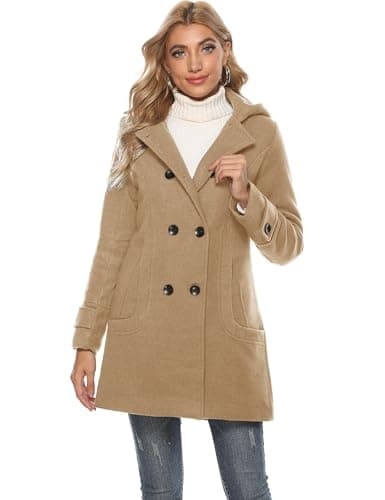 Tanming Women's Warm Double Breasted Wool Pea Coat with Hood