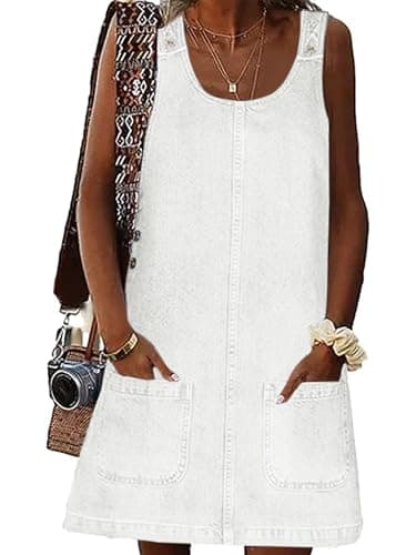 BZB Women's Casual Sleeveless Denim Overall Dress with Pockets — White