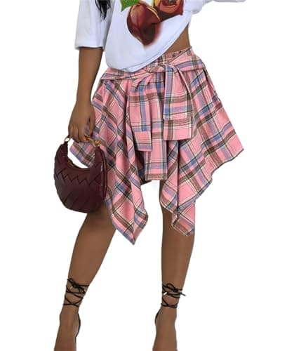 Atyfuniby Women's High Waisted Plaid Mini Skater Skirt with Knot Front — Blue Pink