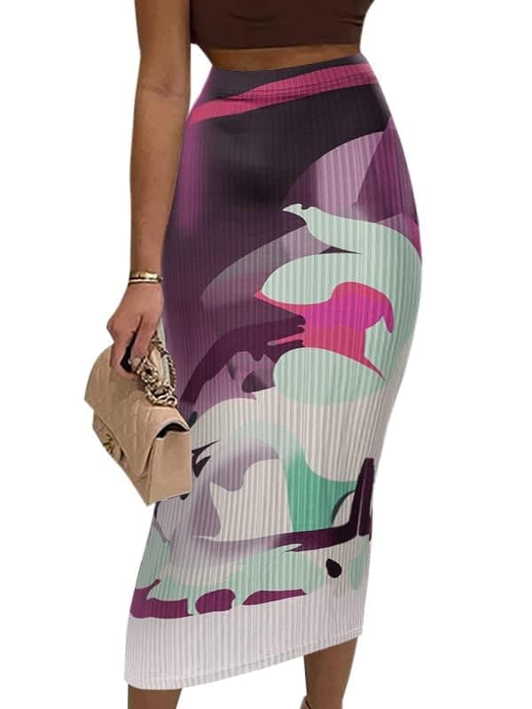 Avanova Women's Floral Print Pencil Midi High-Waisted Skirt — Pink Purple