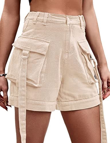 High Waist Baggy Cargo Denim Shorts with Pockets — Light Khaki
