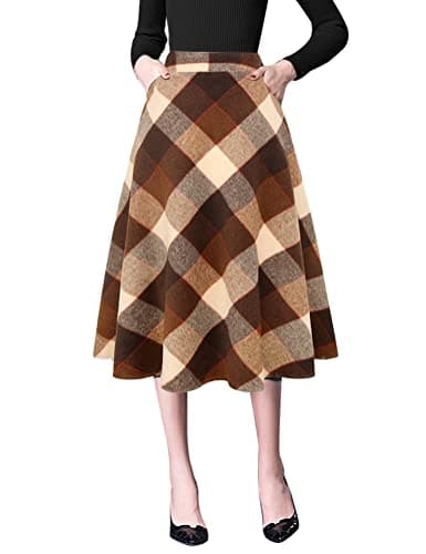 Women's High Waist Wool A-line Midi Skirt — Big Plaid Coffee