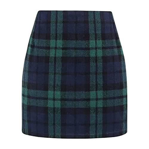 Yuemengxuan Women's Wool Plaid High Waist A-line Skirt — Mini Length Dark Green