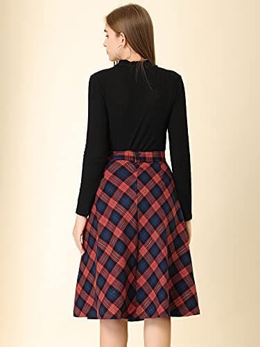 Allegra K Women's High Waist Belted Tartan Midi Skirt