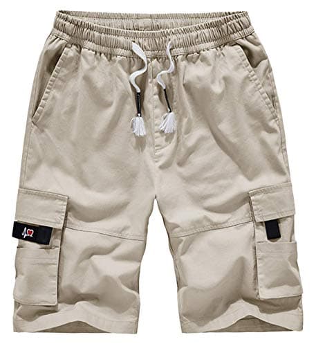 VTUAOL Men's Cargo Shorts with Elastic Waist and Multiple Pockets — A-beige