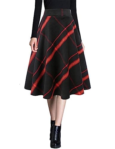 Ylingjun Warm Wool Midi Skirts for Winter Fall — Black Red