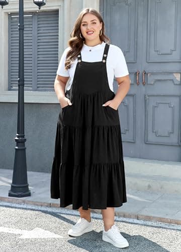 Moon Wood Plus Size Bib Overall Dress with Pockets Summer Casual