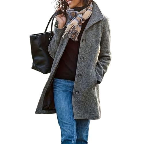 GVLDPOH Women's Winter Wool Blend Pea Coat with Stand Collar — Dark Grey