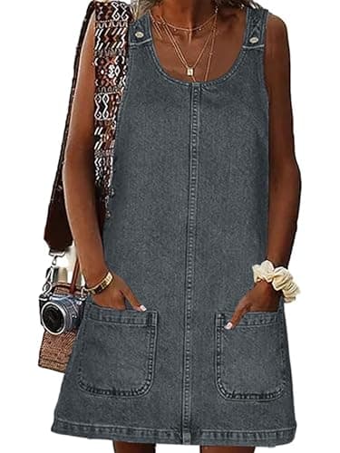 BZB Women's Casual Sleeveless Denim Overall Dress with Pockets — Blue Grey