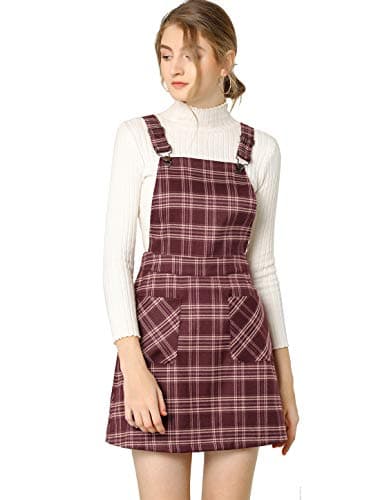 Women's Plaid Overall Dress with Adjustable Straps — Red