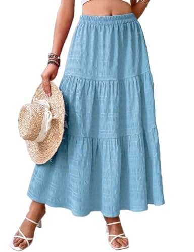 IDEALSANXUN High Waisted Elastic Pleated Maxi Skirt — Light Blue
