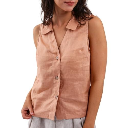 Amazhiyu Women's 100% Linen Slight Crop Button-Down Top — Dusty Orange